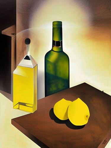 Still life with lemons and two bottles thumb