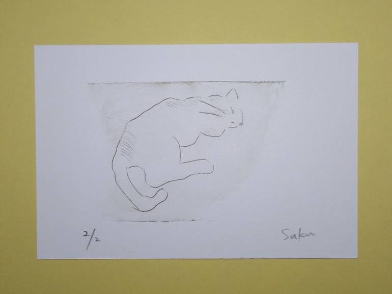 Original Minimalism Cats Printmaking by Saku Kuronashi