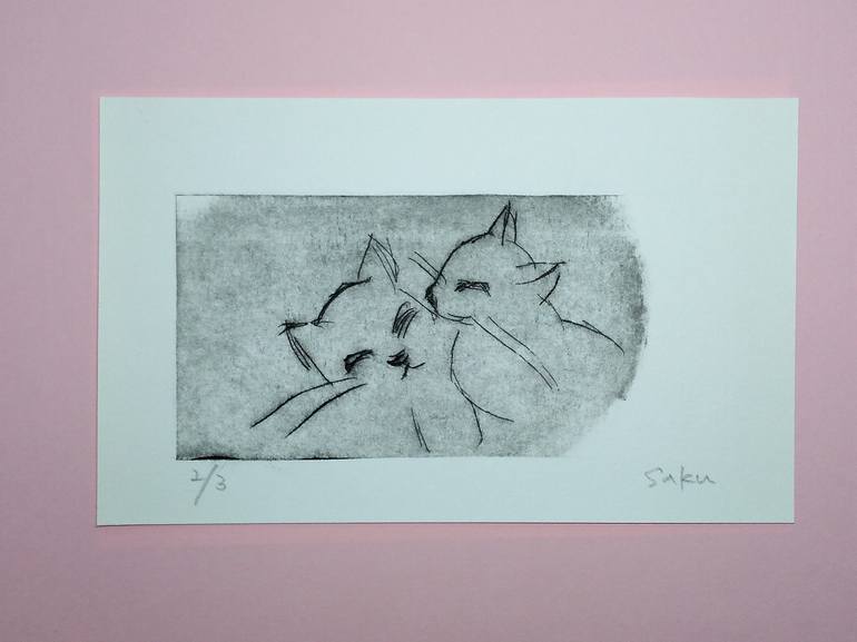 Original Minimalism Cats Printmaking by Saku Kuronashi