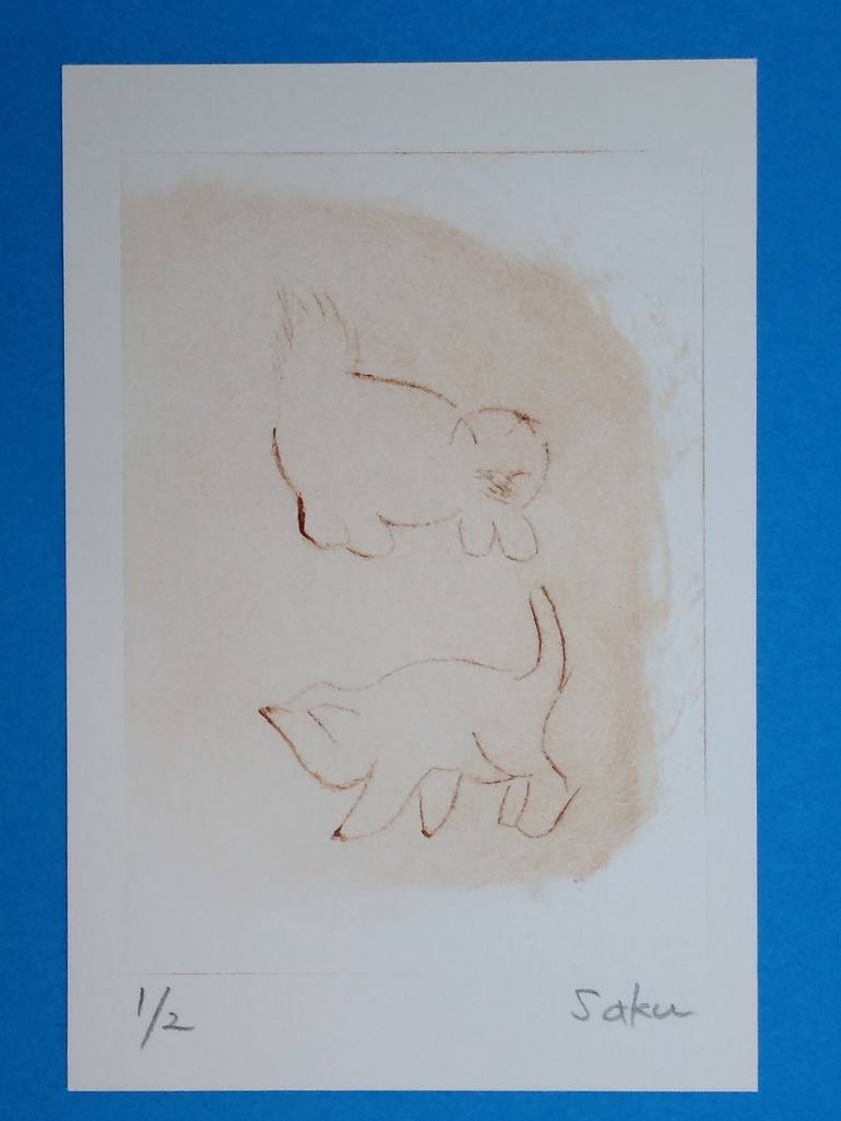 Original Minimalism Cats Printmaking by Saku Kuronashi