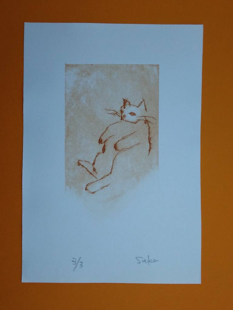 Original Minimalism Cats Printmaking by Saku Kuronashi