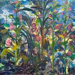 Hollyhocks with Bird of Paradise by John Kilduff