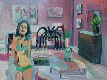Self Portrait on ottoman with large spider and model in the room thumb