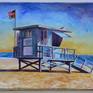 Watercolor painting of a Zuma Beach Life guard tower in Malibu, California. Painted on a full sheet of Arches 140lb cold press watercolor paper.