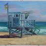 Plein air oil painting of a lifeguard tower at Zuma Beach in Malibu, California.