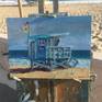 Plein air oil painting on wood panel of a lifeguard tower at Zuma Beach in Malibu, California.