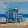 Plein air oil painting on wood panel of a lifeguard tower at Zuma Beach in Malibu, California.