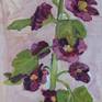 Plein air (painted on location) painting of a hollyhock. Oil on Cardboard.