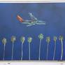 Plein air painting of an airplane landing at night. I used spray paint for the night sky and than painted the palms and airplane in oils.