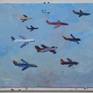 Plein air painting of multiple airplanes arriving into Burbank Airport.