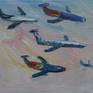 Plein air painting of multiple planes arriving into Burbank Airport.