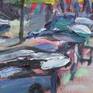 This painting is of my backyard view of the Jon's suprmarket parking lot. Spray paint, acrylic, and oil oil canvas.