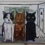 Hers is a painting of my three cats. Sort of has a Rene Magritte feel to it.