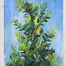 Plein air oil painting of the lemon tree in the backyard.