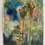Plein air watercolor of the palm trees that I can see from my backyard at night.