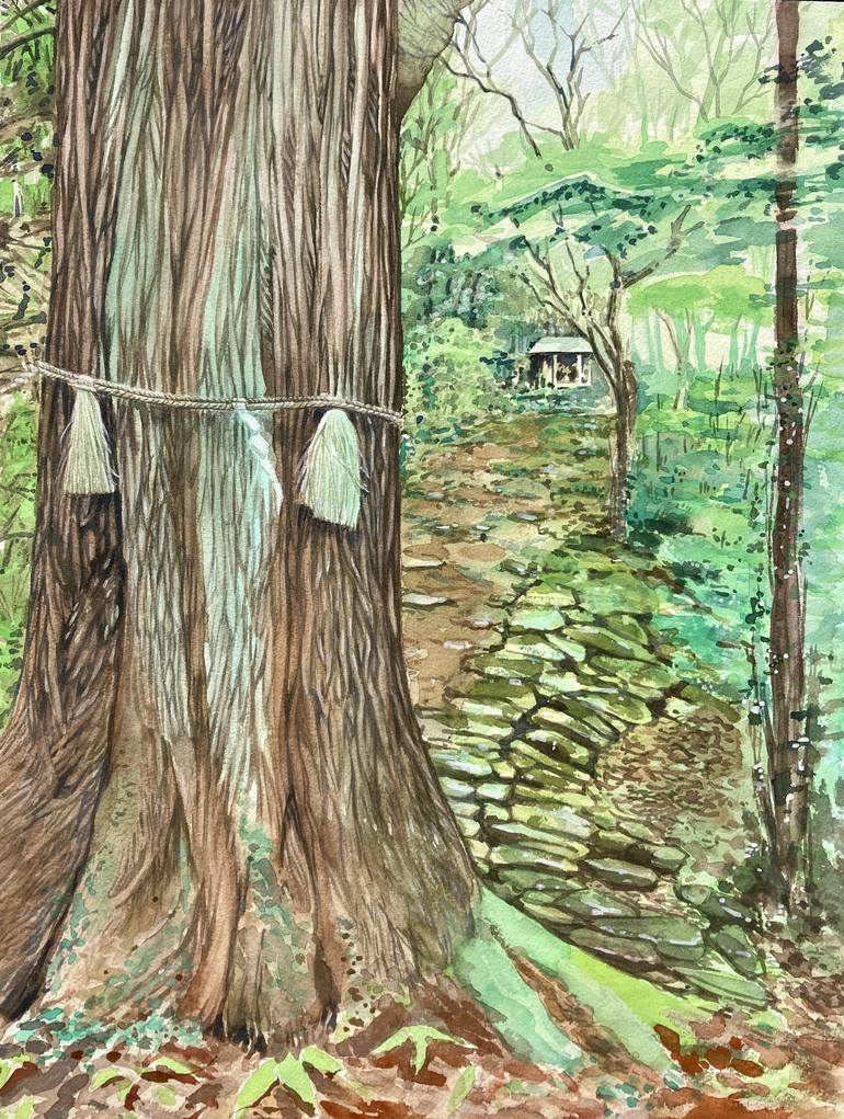 Shimenawa, sacred rope around tree Painting by Andrea Snuggs