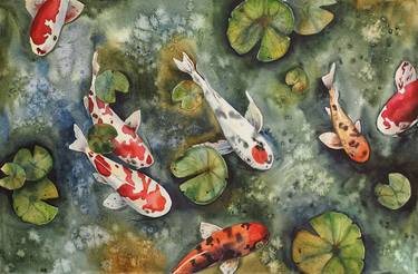 Koi fish and water lilies leaves thumb