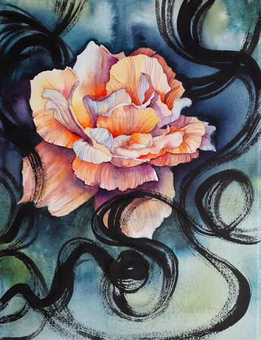 "Rose and endless ribbon" original watercolor expressive rose and ink thumb