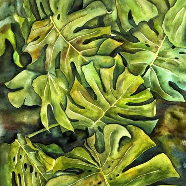 "Tropical" GREEN original watercolor interiors painting, jungle leaves thumb