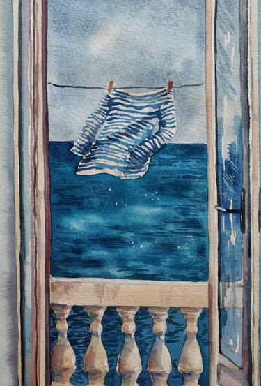 "Vest in the wind" - original watercolor  striped shirt on a rope, mediterranean balcony, romance thumb