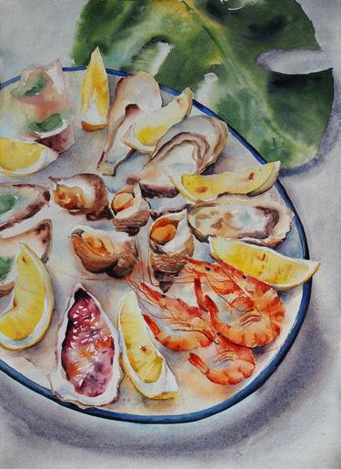 Seafood plate - original meditterianean kitchen watercolor thumb