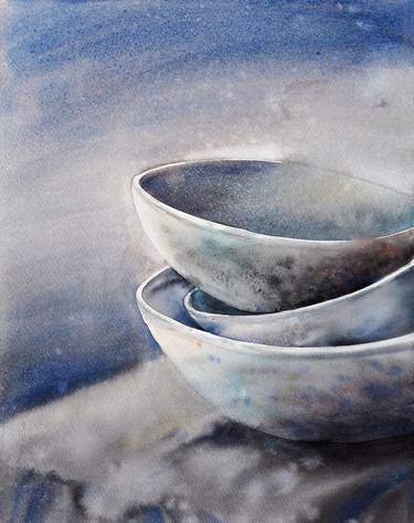 Bowls - original watercolor blue and gray color thumb