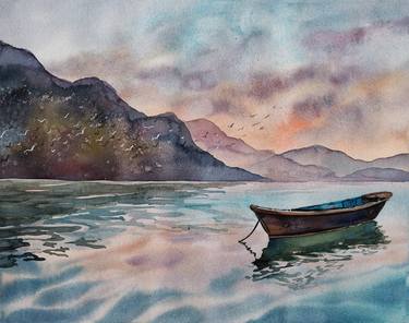 Sunset on Phewa lake - original watercolor landscape from Nepal-trip thumb