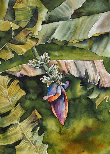 Banana trees - original watercolor tropical green palms thumb