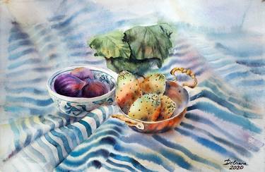 Summer still life - original watercolor light lite mediterrianean stripes blue thumb