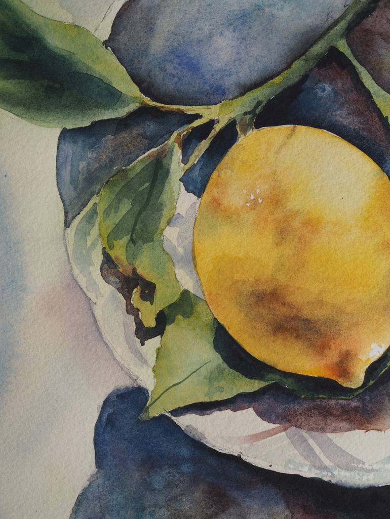 Lemon shadow - original watercolor mediterranean sunny fresh still life  Painting by Delnara El