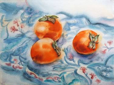 Persimmons and turkish shawl - original watercolor sunny orange and blue bright colors mediterranean still life ornamental thumb