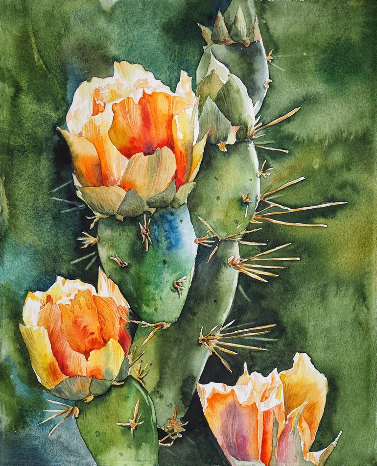 Card Painting Flowers, Cacti and Landscape Watercolor Art Painting