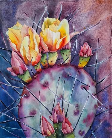 Cactus flowers - original sunny botanical succulents watercolor thumb