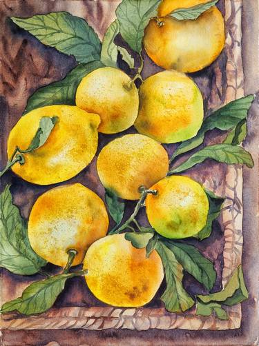 Lemons in a straw box - original watercolor thumb