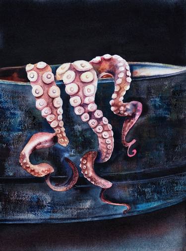 Octopus in antique metal bowl - original watercolor - seafood kitchen thumb