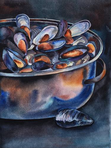 Mussels in a saucepan - original watercolor, darkness light, seafood kitchen thumb