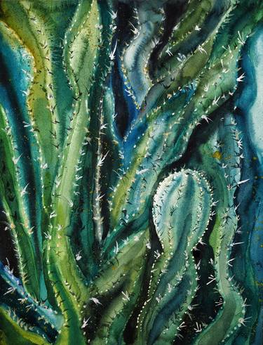 Expressive cacti - green original watercolor succulents thumb