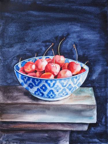Cherries in patterned bowl - original watercolor artwork thumb