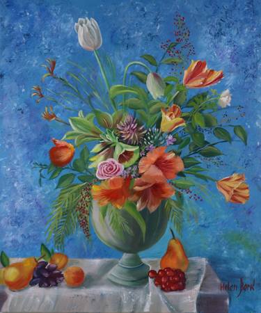 Floral Oil Painting Home Décor Beautiful Bouquet of Flowers with Fruits Painted Hand Oil Painting Art On Canvas by artist Helen Berk thumb