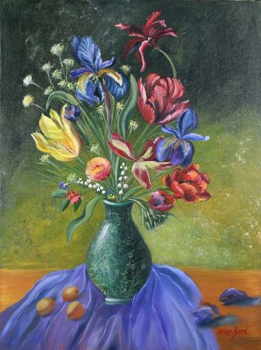 Bouquet of Flowers Painting and Fruits  Original Oil Painting  Floral Painting on Canvas Still Lafe  Tulips Irises Painting by Helen Berk thumb