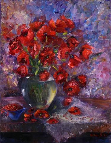 Poppies Painting Flowers Vase Original Oil Painting Canvas Art Impasto 18 by 14" thumb