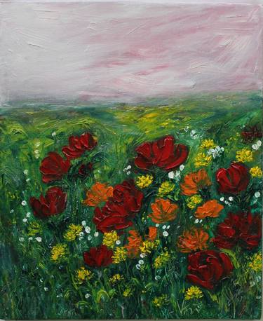 Paradise Found-Floral landscape oil painting-wild flowers,poppies thumb