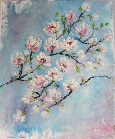 Cherry blossoms - Oil palette knife impressionistic floral art thumb
