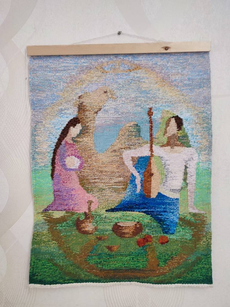Print of tapestry handweaving Family Installation by Narkes Aliyeva
