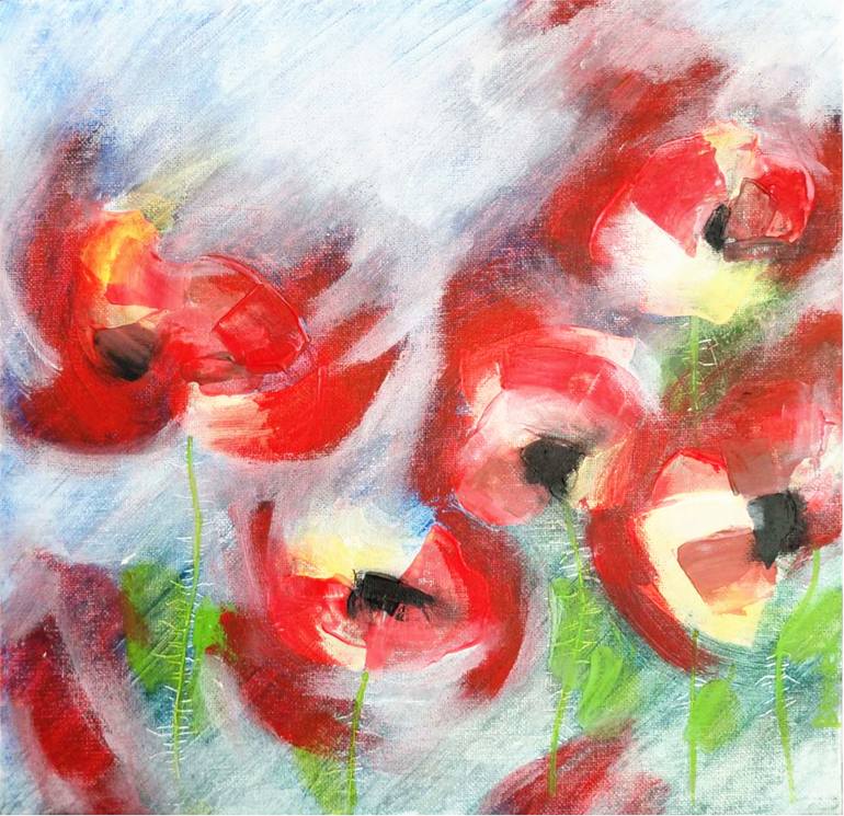 Original Floral Painting by Katalin Benedek | Expressionism Art on Canvas | Poppy flowers dance in red and white color