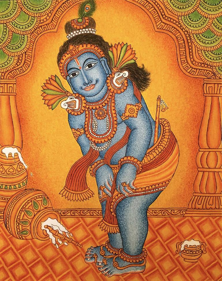 Lord Krishna Kerala Mural Painting Painting by Syama Baburaj | Saatchi Art