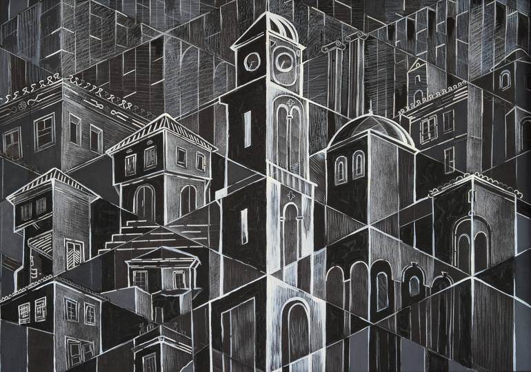 Original Architecture Painting by Julia Mia | Art Deco Art on Paper | Black and white Aegean city