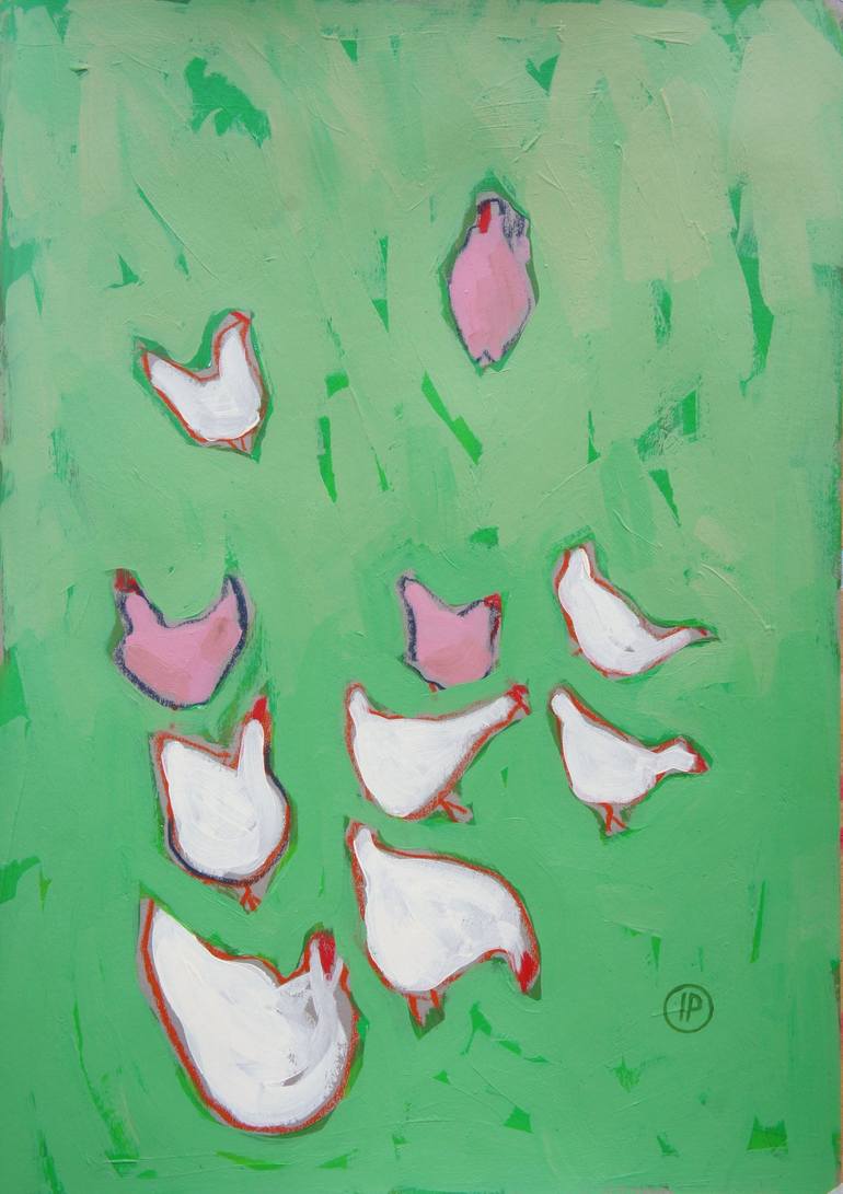 Original Animal Mixed Media by Irina Plaksina | Expressionism Art on Paper | Morning at the farm