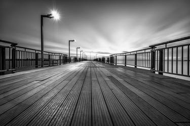 Wooden bridge in black and white at night thumb