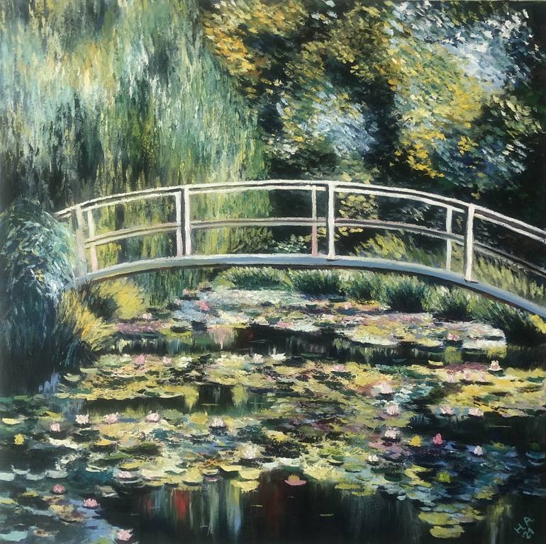 Japanese bridge. Pond with water lilies Painting by Nataliya Osadchuk ...